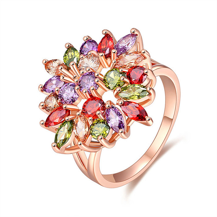 Elegant Flower Copper Plating Inlay Zircon Rose Gold Plated Rings