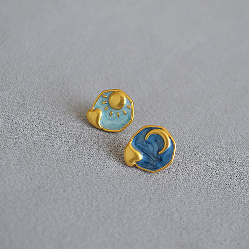 1 Pair Retro Moon Enamel Plating Copper Gold Plated Ear Studs