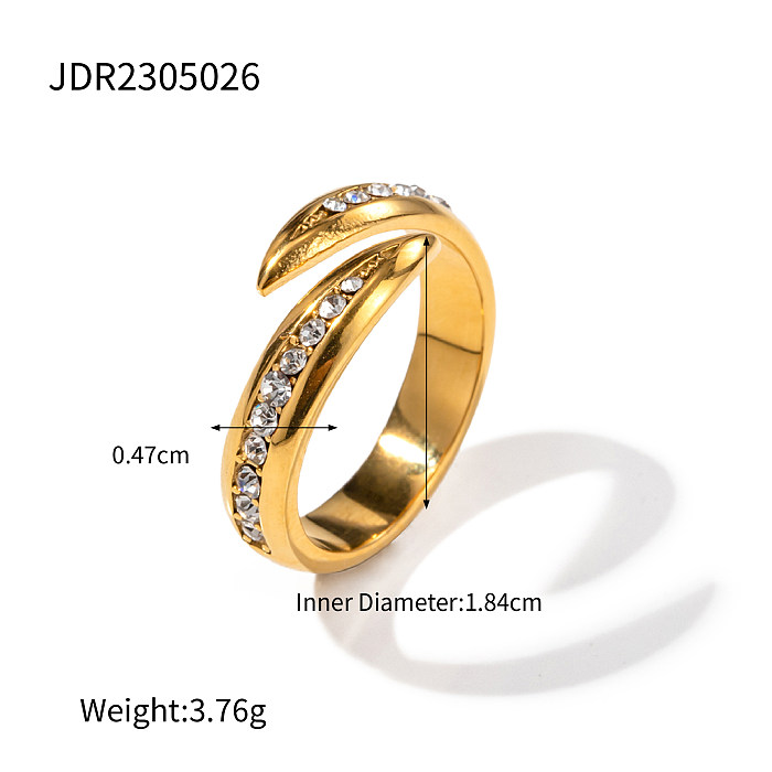 IG Style Solid Color Stainless Steel Plating Inlay Rhinestones 18K Gold Plated Open Rings
