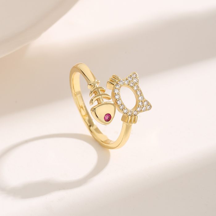 Simple Style Cat Fish Copper Plating Hollow Out Inlay Zircon 18K Gold Plated Rings