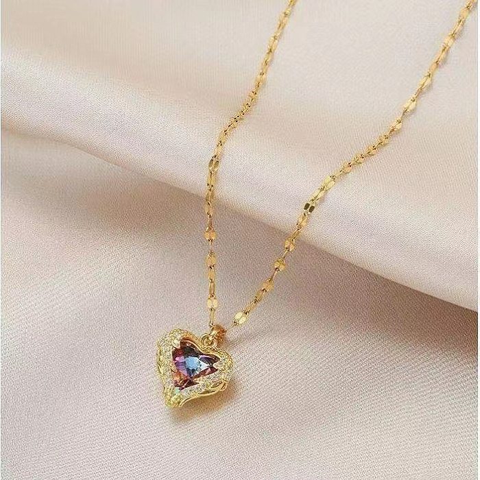 Fashion Heart Shape Titanium Steel Copper Plating Inlay Zircon Pendant Necklace 1 Piece