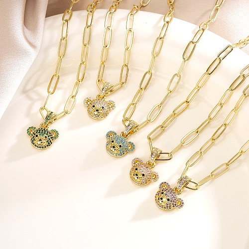 IG Style Cute Little Bear Copper Plating Inlay Zircon Gold Plated Pendant Necklace