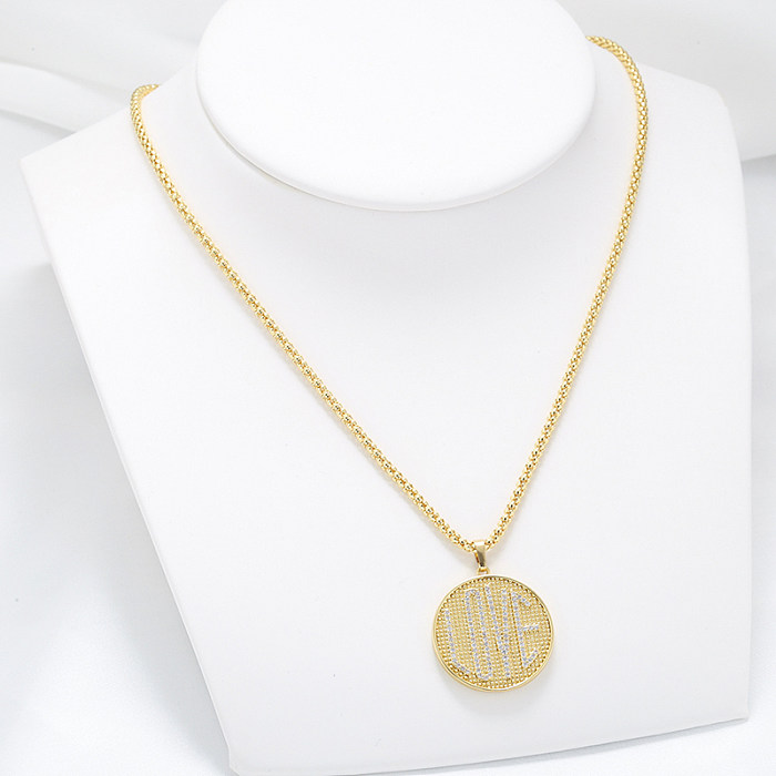 Casual Elegant Simple Style Round Letter Copper Plating Inlay Zircon 18K Gold Plated Pendant Necklace