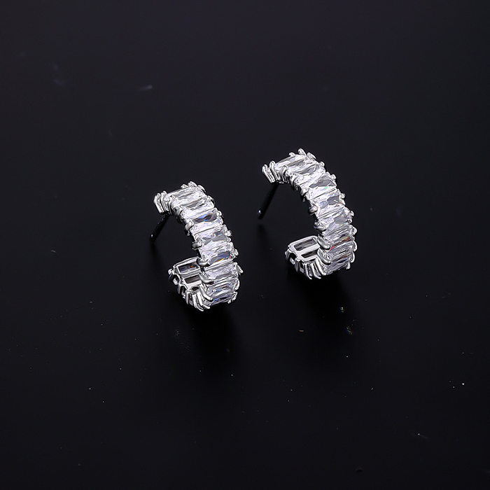 1 Pair Casual Luxurious Shiny C Shape Rectangle Plating Inlay Copper Zircon White Gold Plated Gold Plated Ear Studs