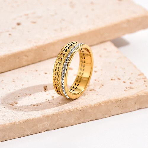Estilo simples estilo clássico cor sólida chapeamento de aço inoxidável strass embutido banhado a ouro 14K anéis banhados a ouro 18K