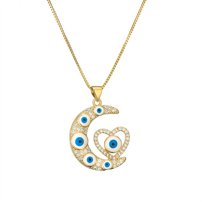 Modern Style Devil'S Eye Moon Heart Shape Copper Plating Inlay Zircon Gold Plated Pendant Necklace
