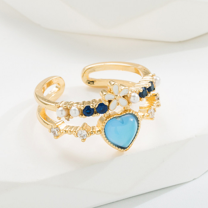 Eleganter offener Ring in Herzform, Blume, Kupfer, Emaille, künstliche Perlen, Zirkon, 1 Stück