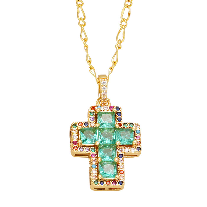 Simple Style Cross Copper 18K Gold Plated Zircon Pendant Necklace In Bulk