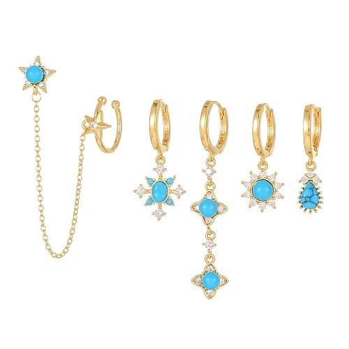 Boucles d'oreilles pentagramme de Style Simple et décontracté, chaîne plaquée en laiton, incrustation de Zircon Turquoise, plaqué or 18 carats