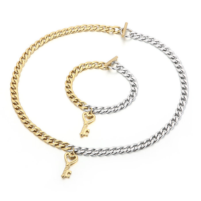Ensemble de collier et bracelet avec pendentif clé en acier inoxydable, Vintage européen et américain, vente en gros