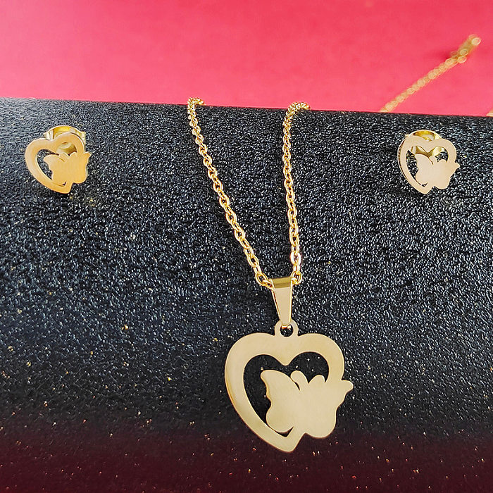 Fashion Heart Shape Titanium Steel Plating Earrings Necklace
