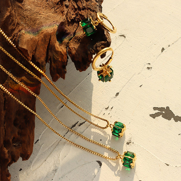 Fashion Titanium Steel Claw Buckle Emerald Zircon Necklace Earrings Jewelry Set