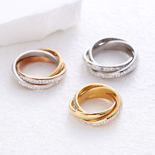 Strass embutidos de aço inoxidável de cor sólida estilo simples anéis banhados a ouro 24K