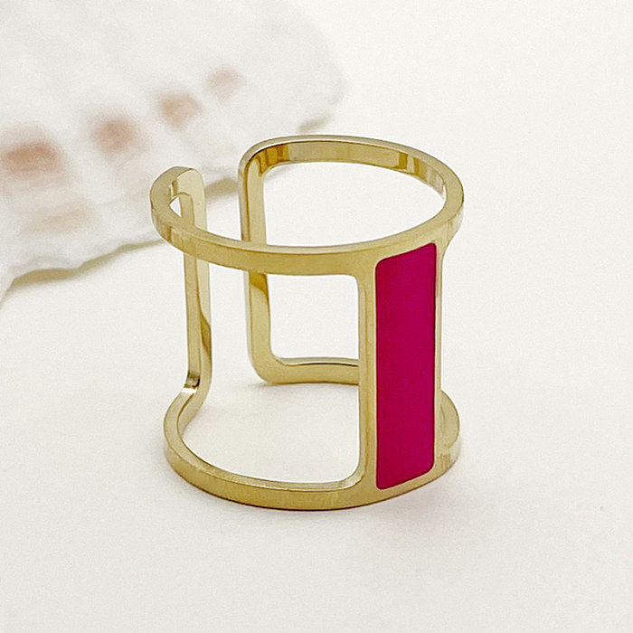 Novelty Simple Style Roman Style Rectangle Stainless Steel Enamel Plating Hollow Out Gold Plated Open Rings
