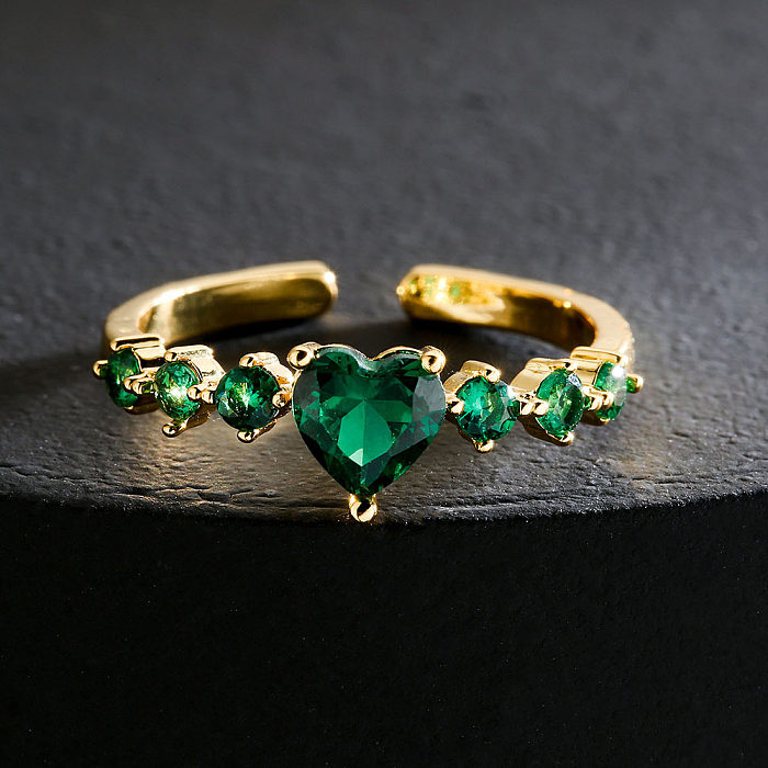 Moda cobre 18K ouro micro-conjunto zircon coroa coração esmeralda anel aberto geométrico