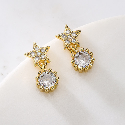 Boucles d'oreilles pendantes en cuivre plaqué or et étoile ronde, 1 paire, à la mode, en Zircon