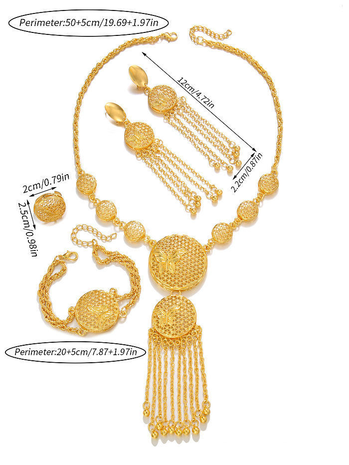Vintage-Stil, einfarbig, Kupfer-Quastenbeschichtung, ausgehöhlt, 18 Karat vergoldet, Armbänder, Ohrringe, Halskette
