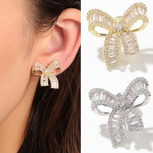 1 Piece Fairy Style French Style Sweet Bow Knot Copper Plating Zircon Ear Clips