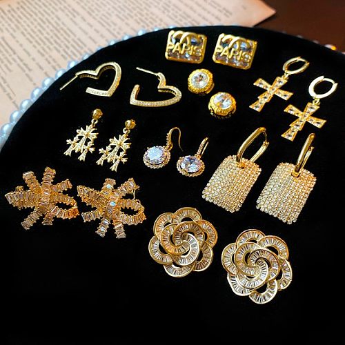 1 Paar Damen-Ohrringe im schlichten Stil für Pendeln, Kreuz, Herzform, Blumen-Inlay, Imitationsperle, Kupfer, Zirkon