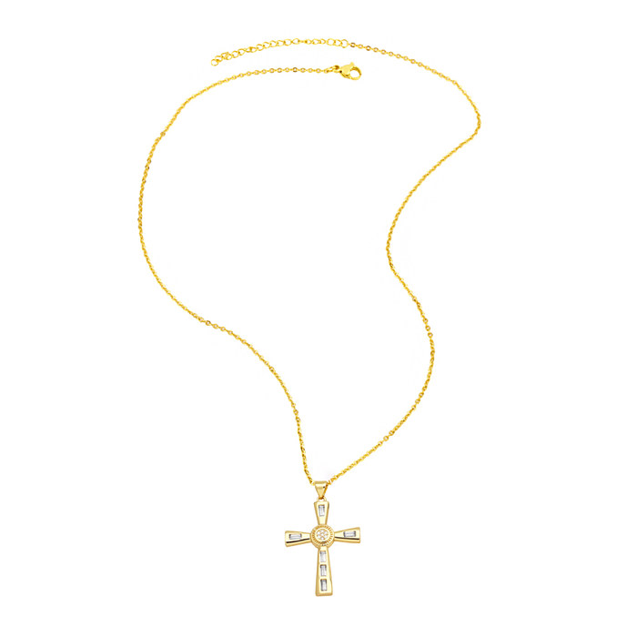 INS Style Cross Copper Plating Inlay Zircon 18K Gold Plated Pendant Necklace