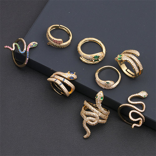 Anillo abierto de circón con incrustaciones de esmalte de cobre de serpiente de estilo simple de 1 pieza