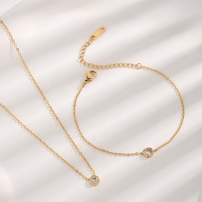 Luxuoso estilo simples redondo titânio aço chapeamento inlay zircão banhado a ouro pulseiras colar