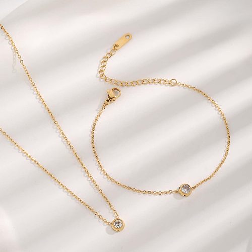 Luxuoso estilo simples redondo titânio aço chapeamento inlay zircão banhado a ouro pulseiras colar