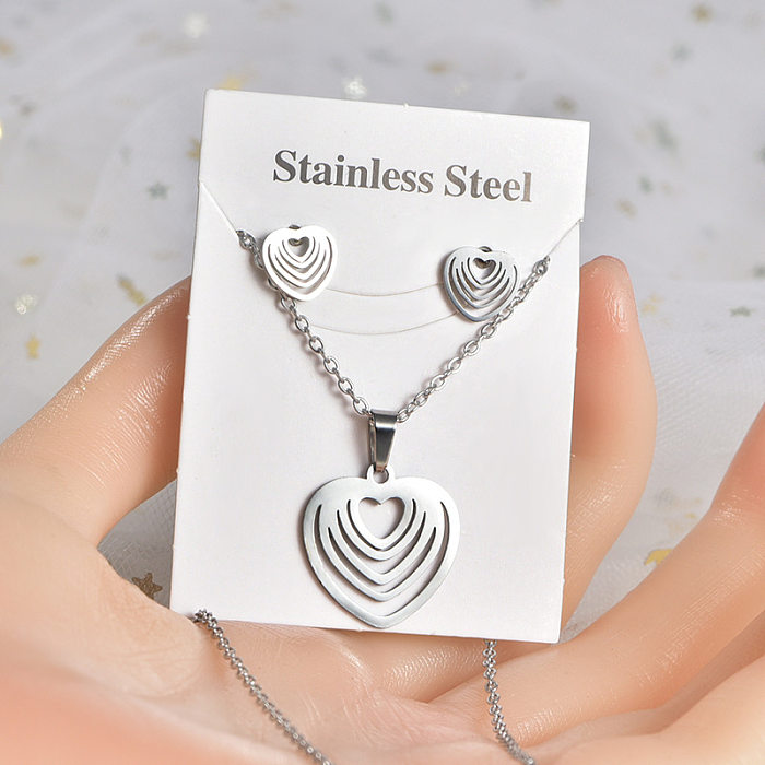 Fashion Love Heart Shape Stainless Steel Hollow Out Earrings Necklace 1 Set
