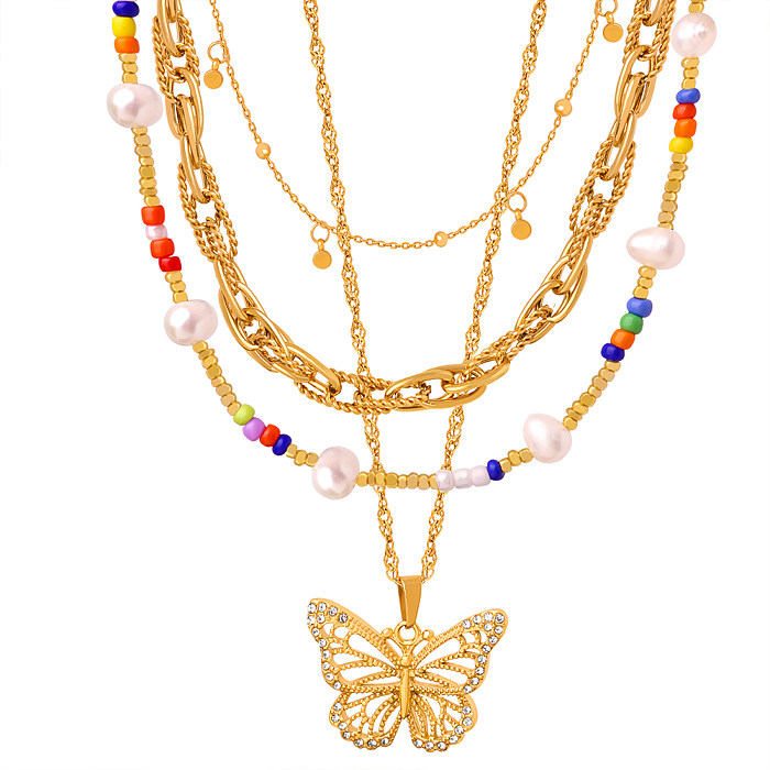 Barock-Stil, Urlaub, Pendler, geometrischer Schmetterling, Titan-Stahlbeschichtung, 18 Karat vergoldete Armbänder, Halskette