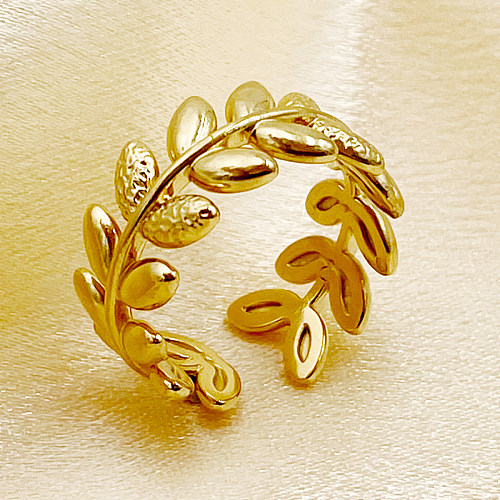 Estilo vintage estilo simples folhas chapeamento de aço inoxidável anéis abertos banhados a ouro