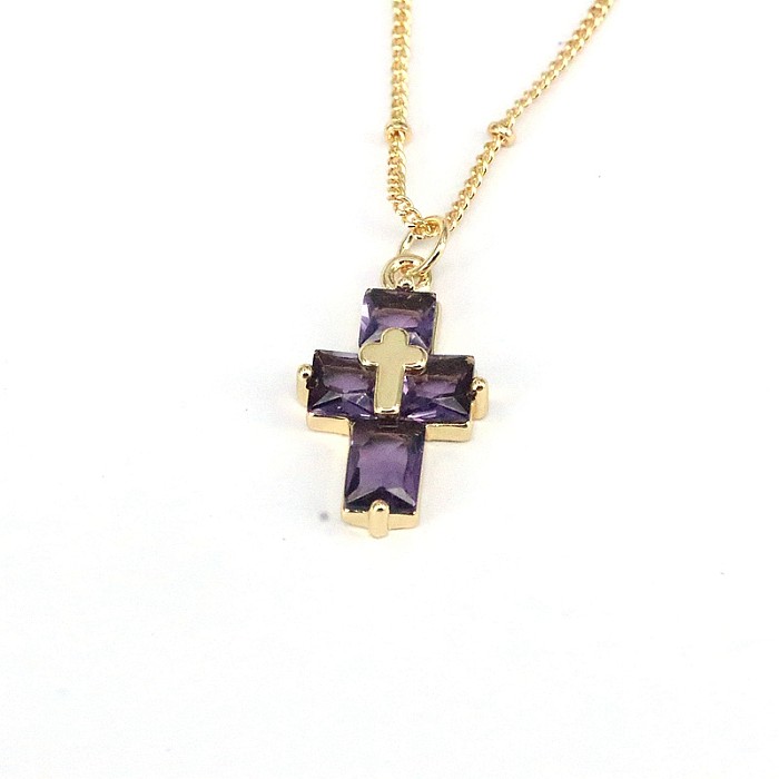 Casual Hip-Hop Cross Copper Plating Inlay Zircon Gold Plated Pendant Necklace