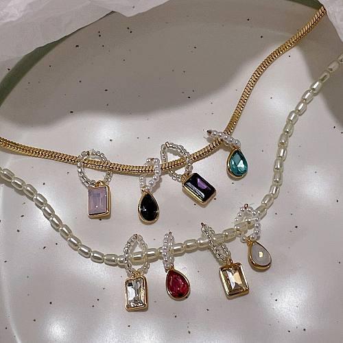 Fashion Square Water Droplets Titanium Steel Inlay Artificial Pearls Rhinestone Necklace