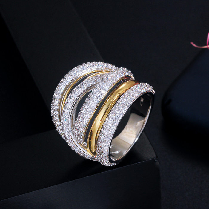 Casual Geometric Copper Plating Inlay Zircon Wide Band Ring