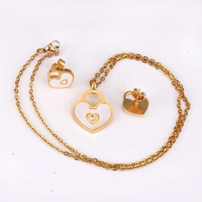 2 peças moda coração forma chapeamento de aço inoxidável incrustação zircão conjunto de joias femininas