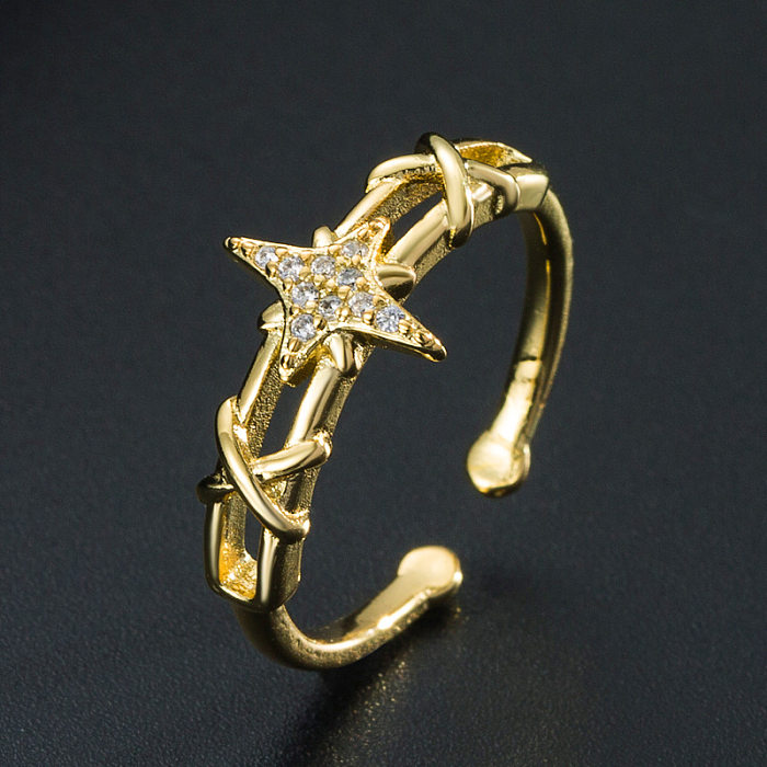 Anel geométrico micro-incrustado de cobre banhado a ouro com design de nicho europeu e americano feminino