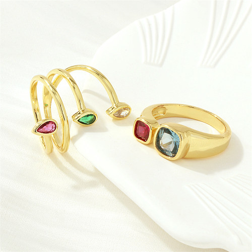 Luxuriöse, quadratische, wassertropfenförmige, verkupferte offene Ringe mit Zirkon-Inlay und 18-Karat-Vergoldung