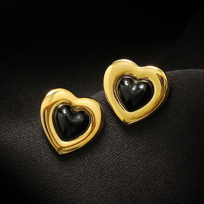 Collier de boucles d'oreilles en obsidienne avec incrustation de placage en acier inoxydable en forme de cœur pour femme