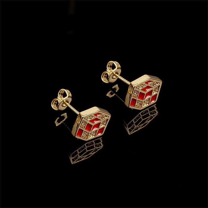 Estilo simples Cubo Rubik Cobre Esmaltado Inlay Zircon 18K Banhado A Ouro Anéis Brincos Colar