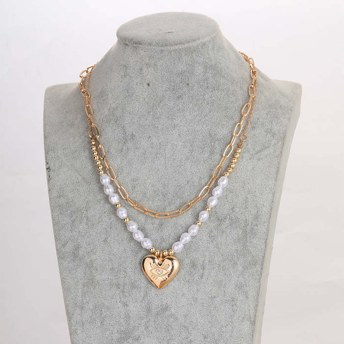Retro Heart Shape Artificial Pearl Resin Copper Plating Inlay Zircon 14K Gold Plated Layered Necklaces