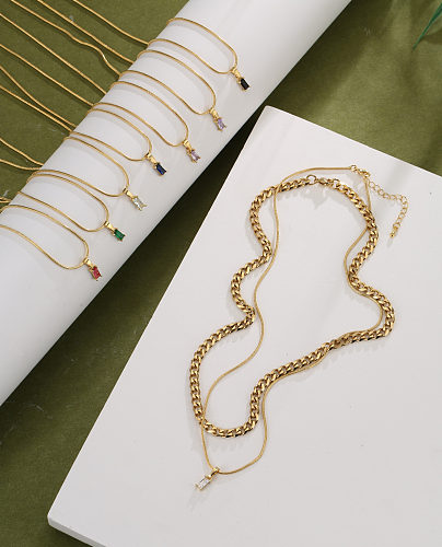 Edelstahl-Halskette, Farbe: rechteckig, Zirkon, Schlangenknochen, Stapel-Halskette