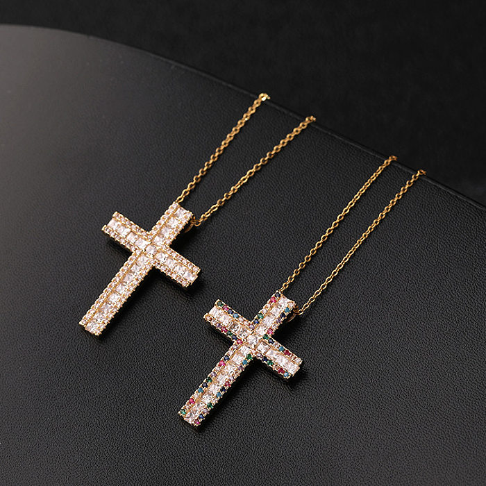 Halskette mit glänzendem Kreuz-Kupfer-Inlay-Zirkon-Anhänger im IG-Stil
