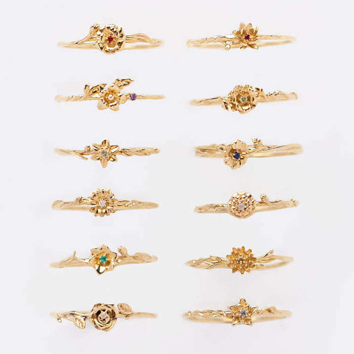 Elegant Glam Classic Style Flower Copper Plating Inlay Birthstone Gold Plated Rings