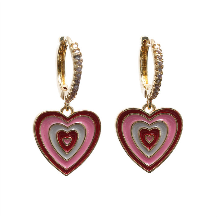 1 paire de boucles d'oreilles élégantes en forme de cœur, incrustation de placage d'émail en cuivre Zircon plaqué or