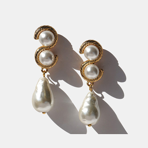 1 Paar elegante S-förmige Wassertropfen-Ohrringe mit Kupfer-Inlay und Perlen