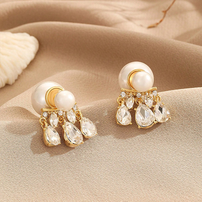 1 Pair Elegant Simple Style Geometric Pearl Inlay Copper Pearl Zircon Drop Earrings