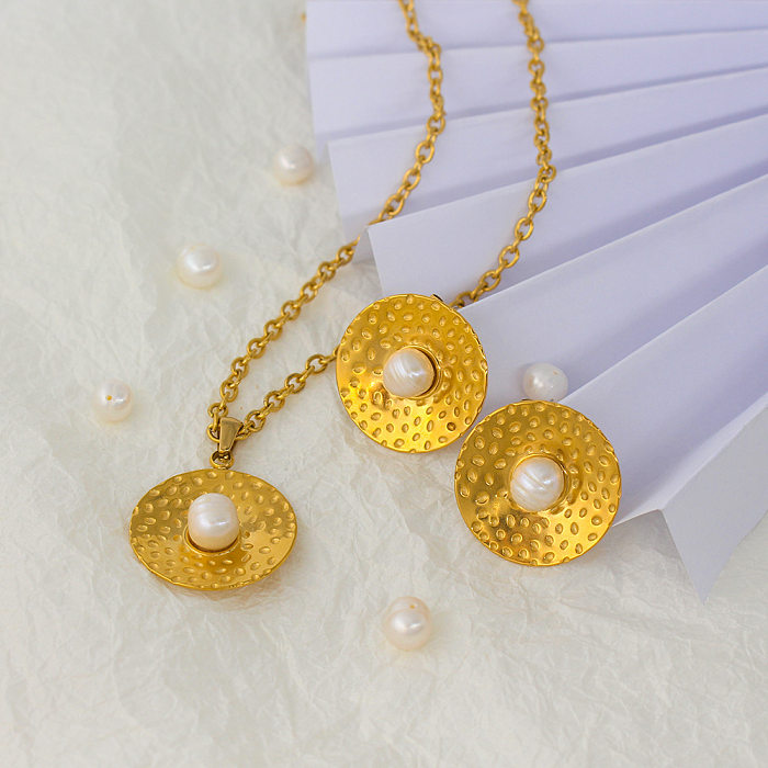 Elegante, moderne, runde Halskette mit Perlenohrringen aus Edelstahl und Titanstahl mit Inlay