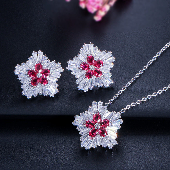 Elegant Classic Style Flower Copper Plating Inlay Zircon Rose Gold Plated Earrings Necklace