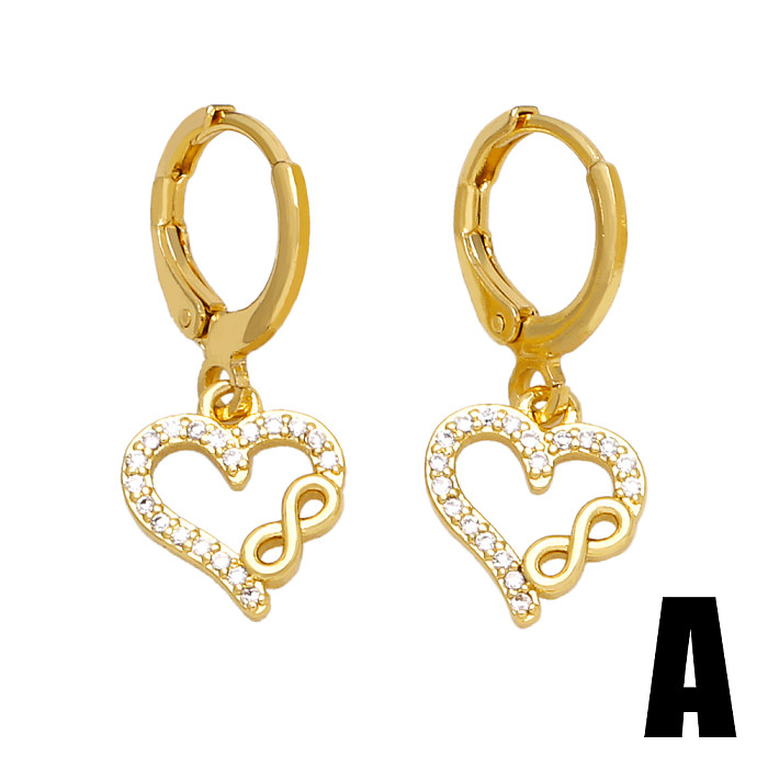 1 paire de boucles d'oreilles en forme d'arbre infini, Style Simple, en forme de cœur, incrustation ajourée en cuivre et Zircon plaqué or 18 carats, XNUMX paire