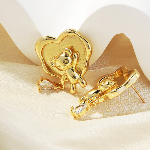 1 paire de boucles d'oreilles pendantes en forme de cœur, ours doux, incrustation de cuivre et de Zircon plaqué or 18 carats