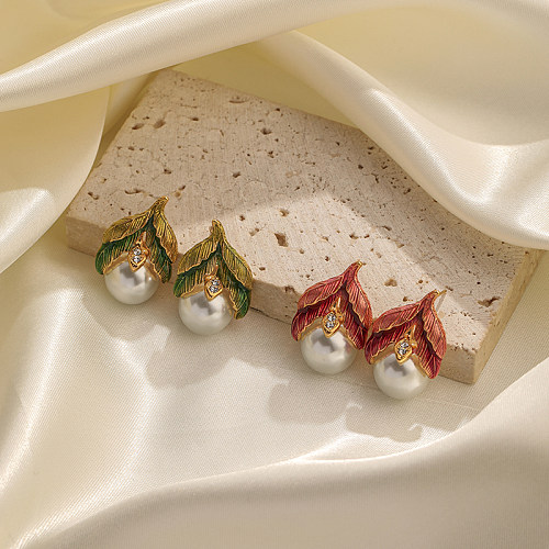 1 paire de boucles d'oreilles plaquées or 18 carats, Style rétro Simple, incrustation de feuilles de cuivre, perle et Zircon